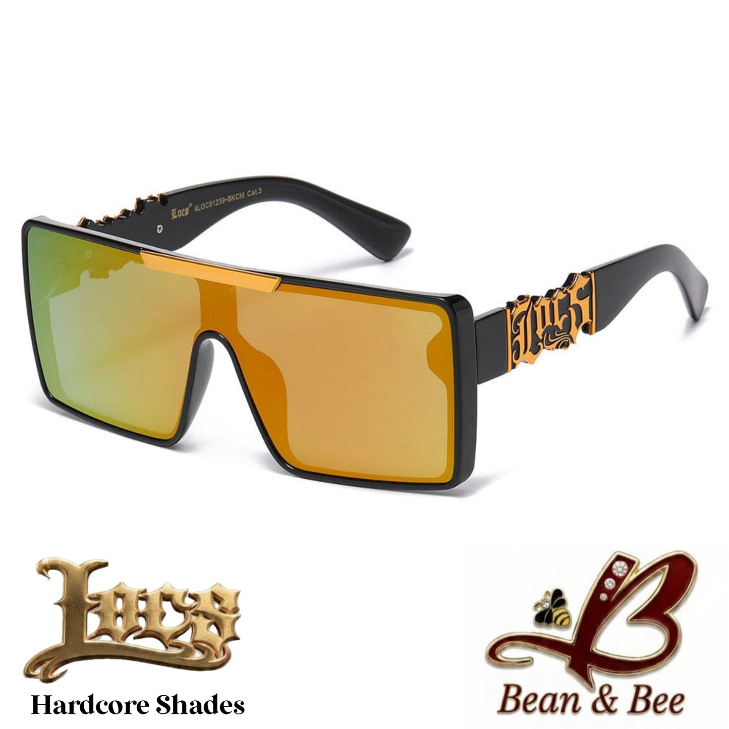 LOCS Atomic Bulldogg Hardcore Shades  Heavy-Duty Shield Sunglasses | Polished Glossy Black Flat-Top Frame w/ Metallic Script Emblem & UV400 Mirror Lenses