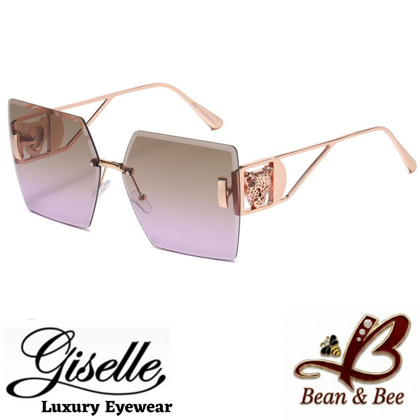 Giselle Cheetah Lux - Bean & Bee Boutique x Giselle Luxury Eyewear | Glamour Oversized Rimless Geometric Sunglasses with Gold Cheetah Temple Accents