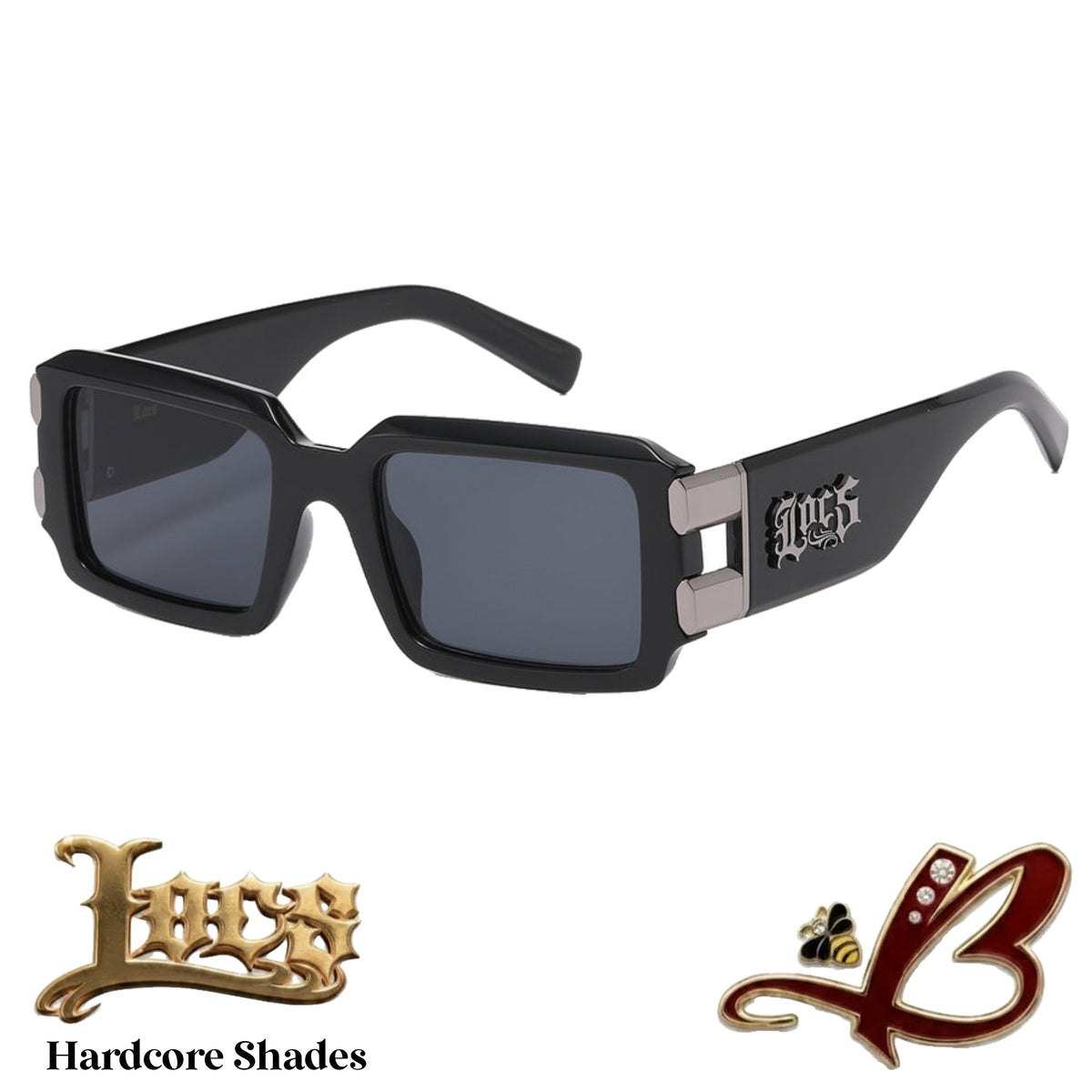 Locs Heavy Caliber Hardcore Shades – Thick Beveled Frame OG Gangster Lowrider Cholo Hip Hop Style Sunglasses with Metal Hinge Accents & Gothic Logo