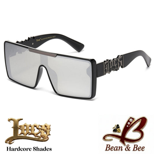 LOCS Atomic Bulldogg Hardcore Shades  Heavy-Duty Shield Sunglasses | Polished Glossy Black Flat-Top Frame w/ Metallic Script Emblem & UV400 Mirror Lenses