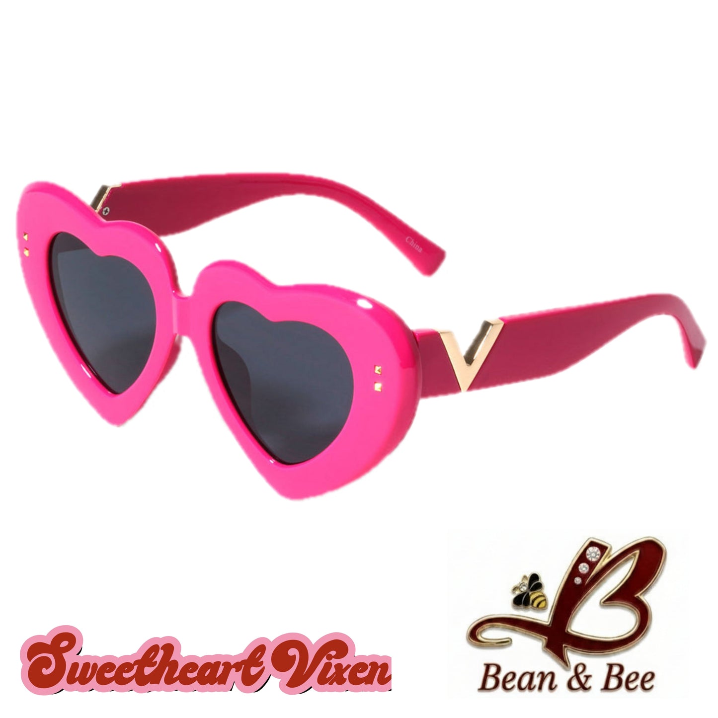 Sweetheart Vixen Shades  by Bean & Bee | Retro Heart-Shaped Sunglasses Statement Eyewear Glossy Frame with Gold V-Hardware Accent, Stud Details, Dark Tinted Lenses
