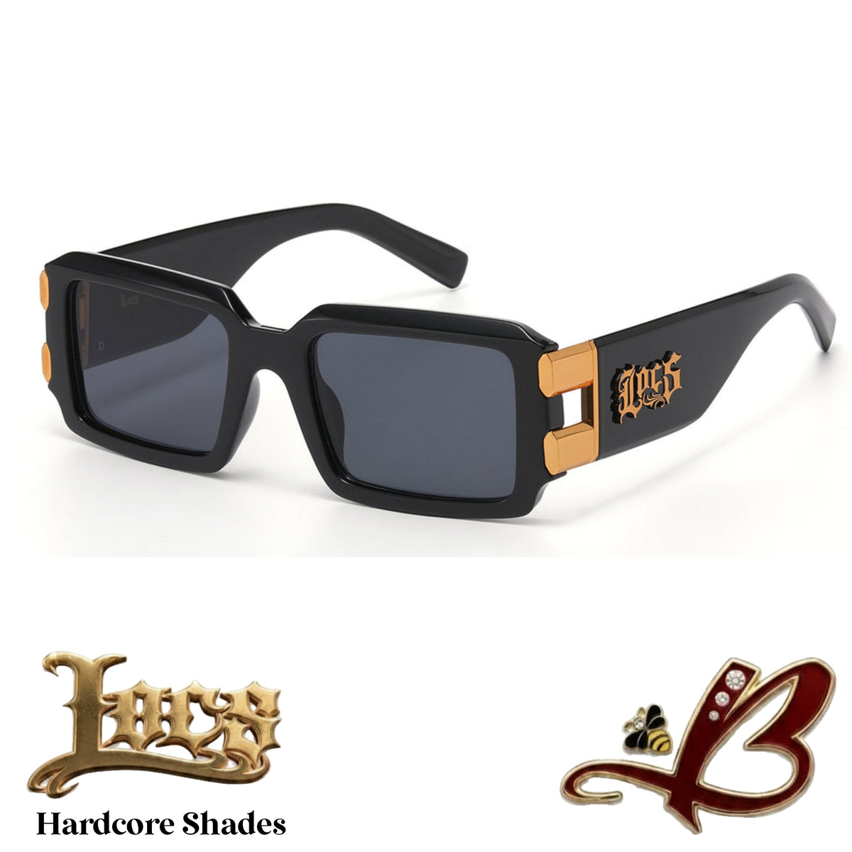 Locs Heavy Caliber Hardcore Shades – Thick Beveled Frame OG Gangster Lowrider Cholo Hip Hop Style Sunglasses with Metal Hinge Accents & Gothic Logo