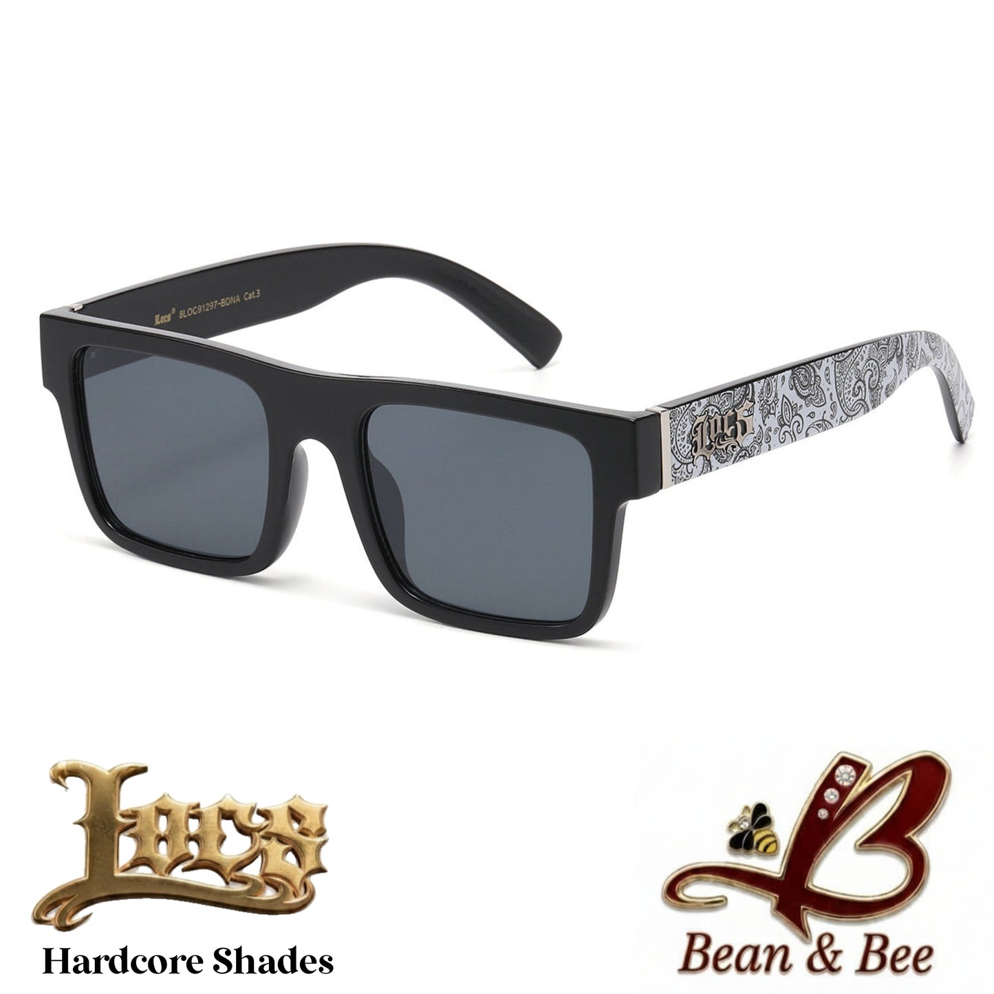 LOCS Bandana Block Hardcore Shades – Unisex Flat-Top Paisley Bandana Print Square Sunglasses Flat Top Streetwear Fashion Glasses