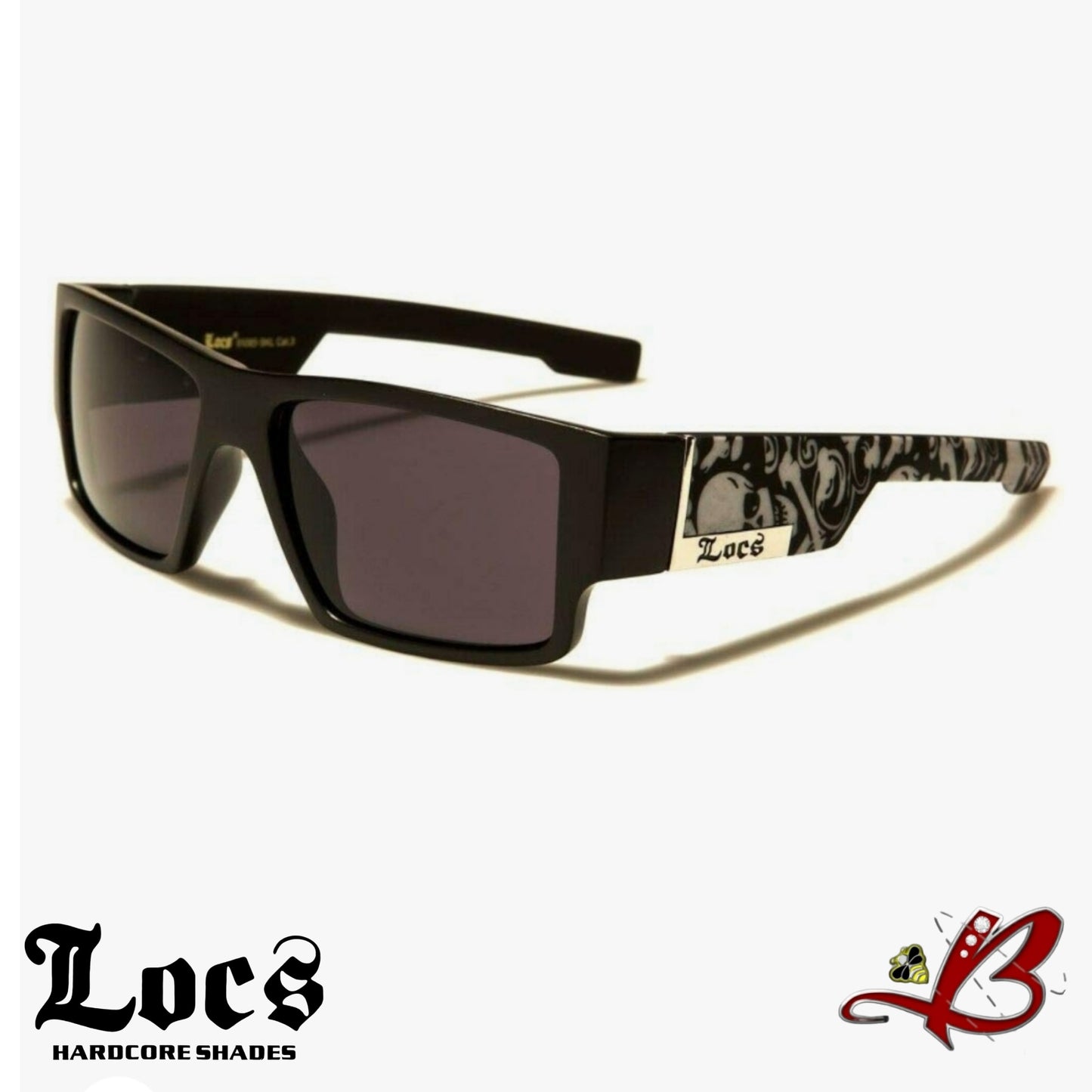 LOCS Mens Phantom Skull Matte Black Hardcore Cholo Shades Silver Accent Biker Full Frame With Skull Print Tough Guy's Sunglasses B&W Square Skull & Bones Temple Wrap Around Mens Womens Calavera y Huesos Lentes Para Hombres Mujeres | Original & Authentic