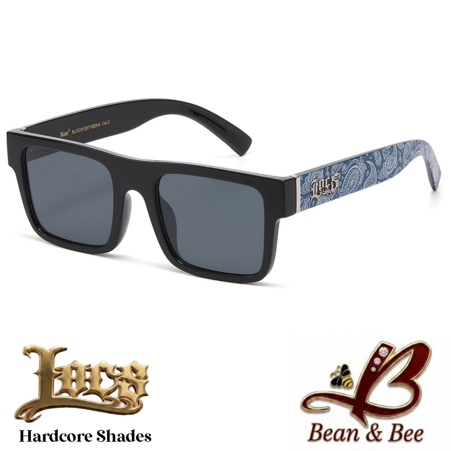 LOCS Bandana Block Hardcore Shades – Unisex Flat-Top Paisley Bandana Print Square Sunglasses Flat Top Streetwear Fashion Glasses