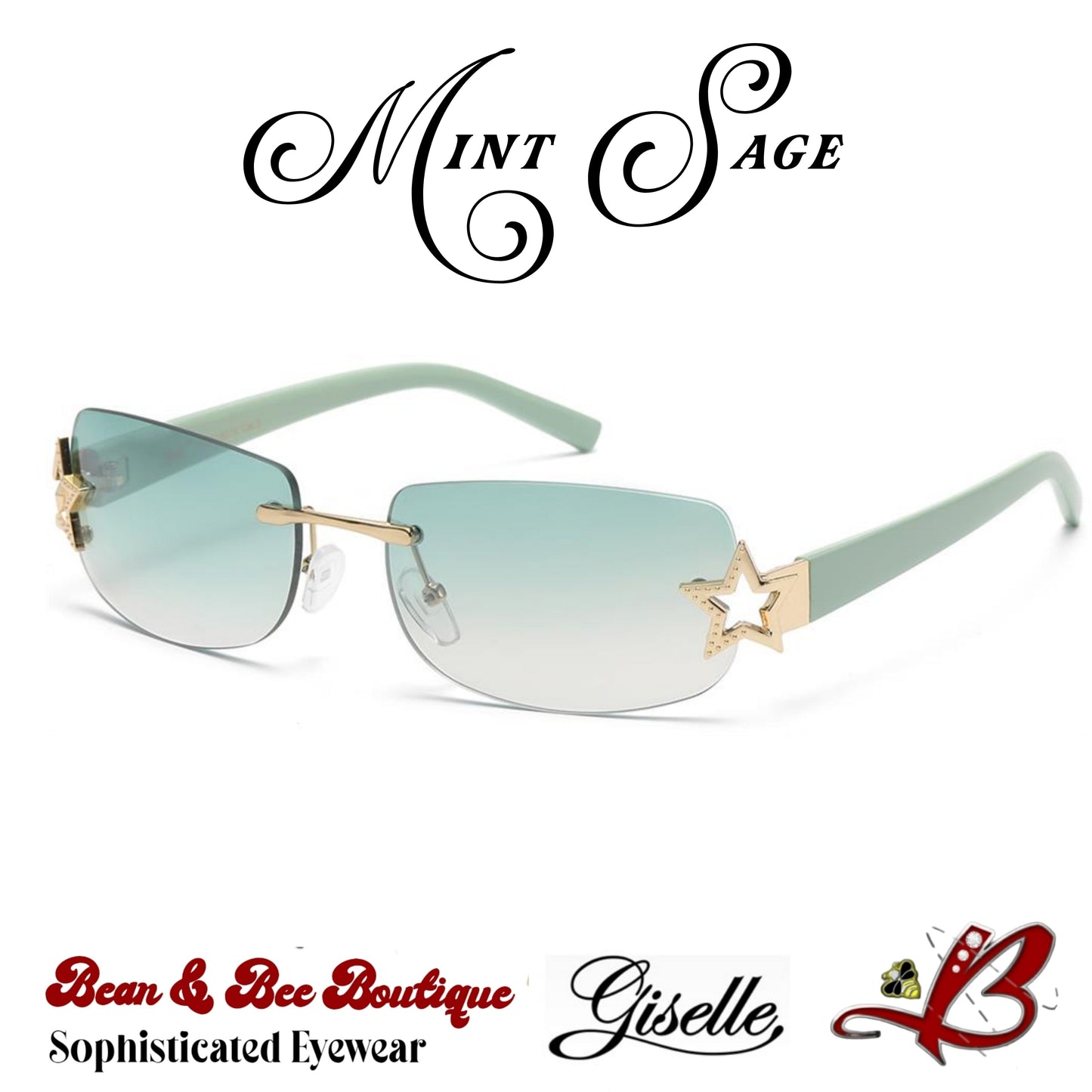 Giselle "Stargazer/Soñadora" Y2K Style Rimless Rectangular Sunglasses with Star Temple Accent in 6 Colorways Bean & Bee Boutique Sophisticated Eyewear TikTok Shop