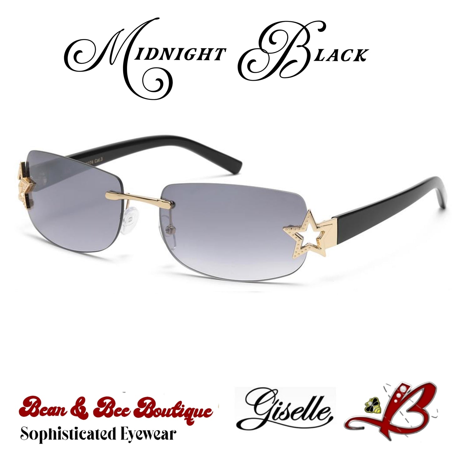 Giselle "Stargazer/Soñadora" Y2K Style Rimless Rectangular Sunglasses with Star Temple Accent in 6 Colorways Bean & Bee Boutique Sophisticated Eyewear TikTok Shop