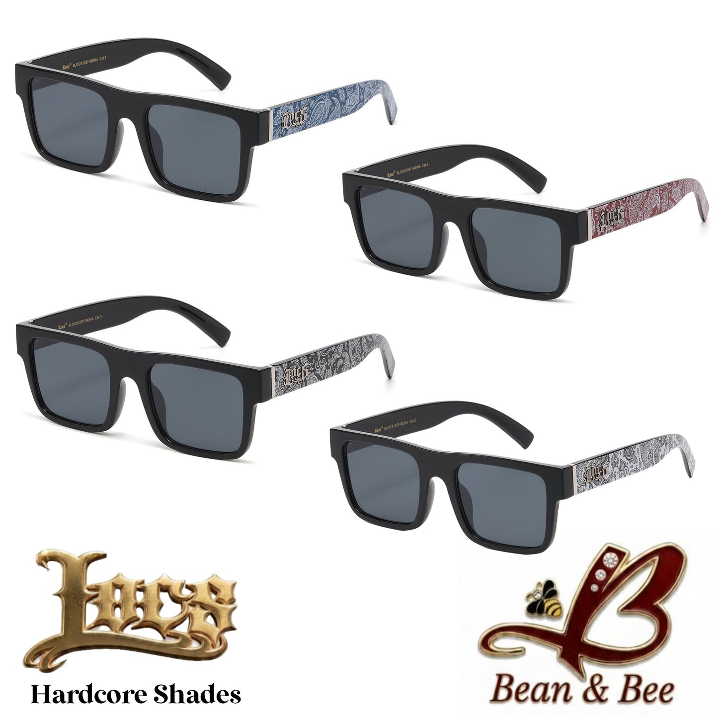 LOCS Bandana Block Hardcore Shades – Unisex Flat-Top Paisley Bandana Print Square Sunglasses Flat Top Streetwear Fashion Glasses