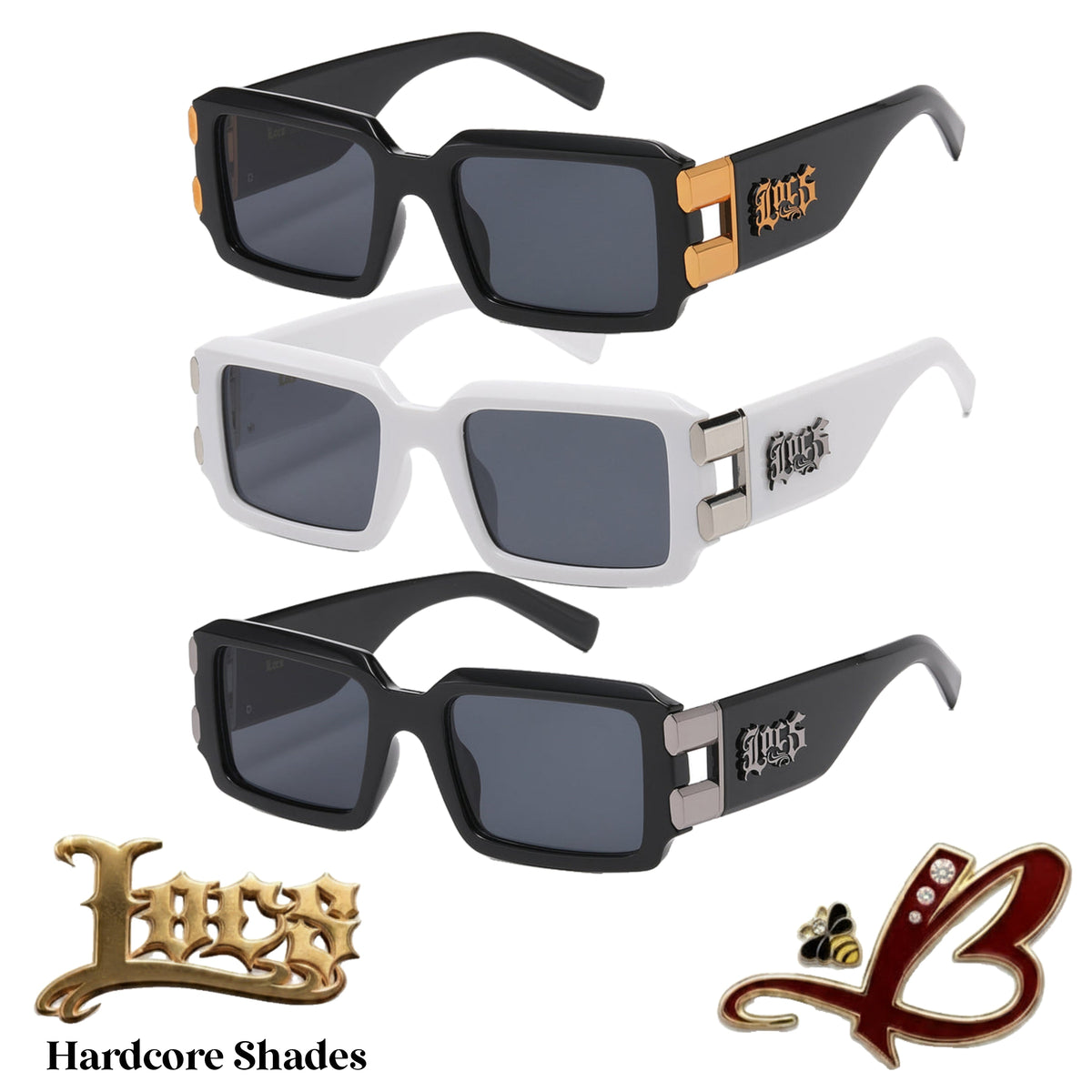 Locs Heavy Caliber Hardcore Shades – Thick Beveled Frame OG Gangster Lowrider Cholo Hip Hop Style Sunglasses with Metal Hinge Accents & Gothic Logo