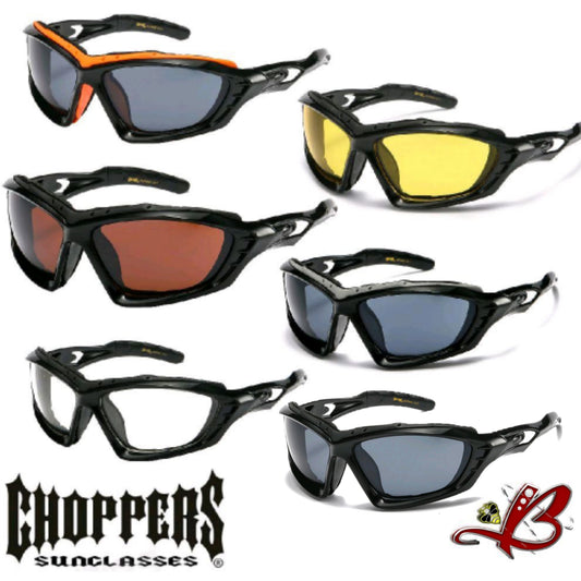 CHOPPERS Black Mesa Shades Large Wraparound Gloss Frame Finish Wind Impact Resistant Foam Padded Glasses Motorcycle Riding Sunglasses UV Protection Biker Ridaz Driving Cruiser Sunglasses | Genuine Authentic Original Choppers Brand Sunglasses
