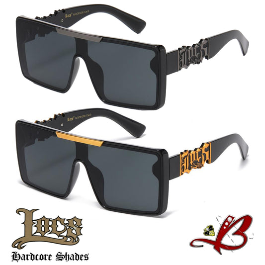 LOCS Armored Bulldog Hardcore Sunglasses - Big Logo Oversized Flat Top Shield Shades - Heavy Duty Metal Hardware - 100% UV400 Protection - Black & Gold / All Black Tactical Hip Hop Eyewear