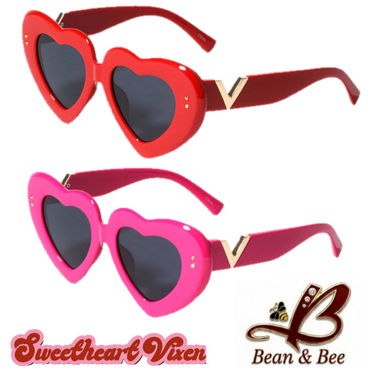Sweetheart Vixen Shades  by Bean & Bee | Retro Heart-Shaped Sunglasses Statement Eyewear Glossy Frame with Gold V-Hardware Accent, Stud Details, Dark Tinted Lenses