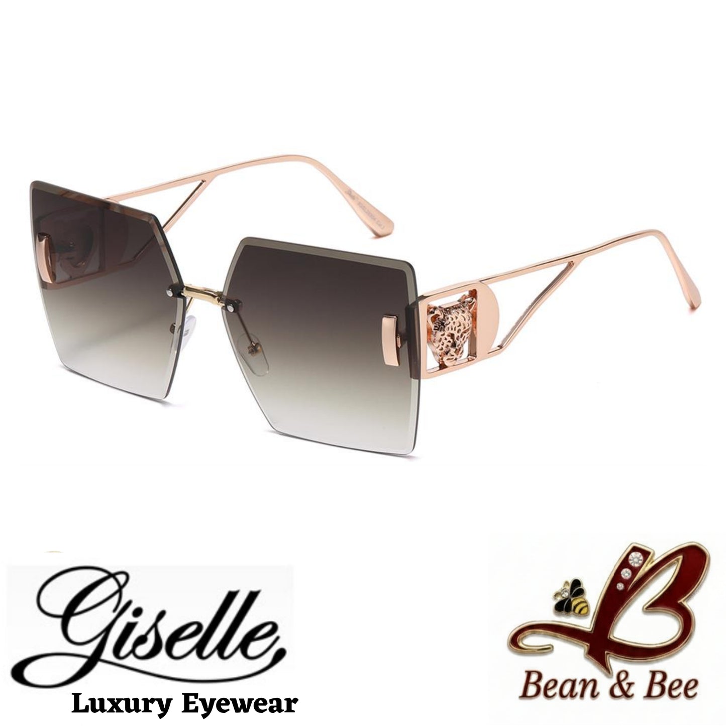 Giselle Cheetah Lux - Bean & Bee Boutique x Giselle Luxury Eyewear | Glamour Oversized Rimless Geometric Sunglasses with Gold Cheetah Temple Accents