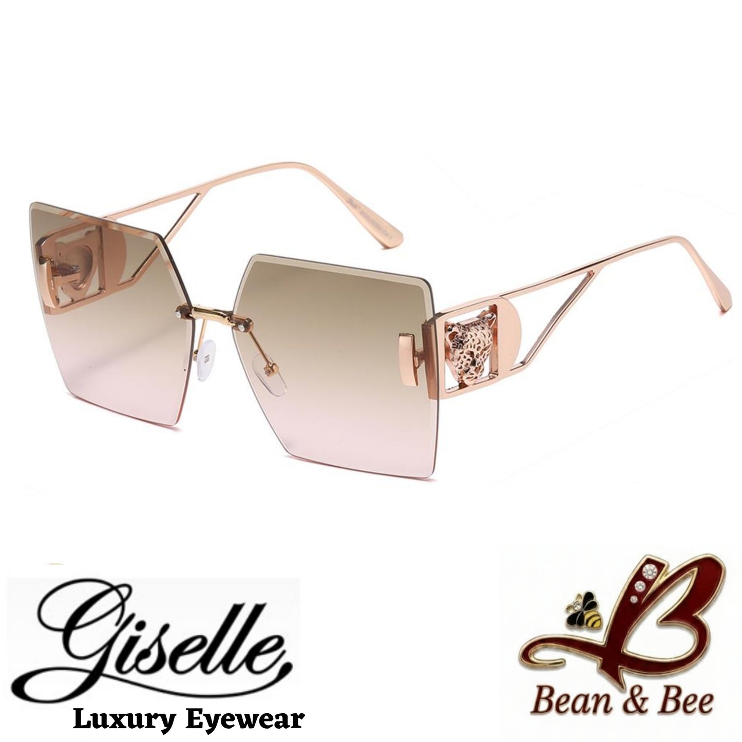 Giselle Cheetah Lux - Bean & Bee Boutique x Giselle Luxury Eyewear | Glamour Oversized Rimless Geometric Sunglasses with Gold Cheetah Temple Accents