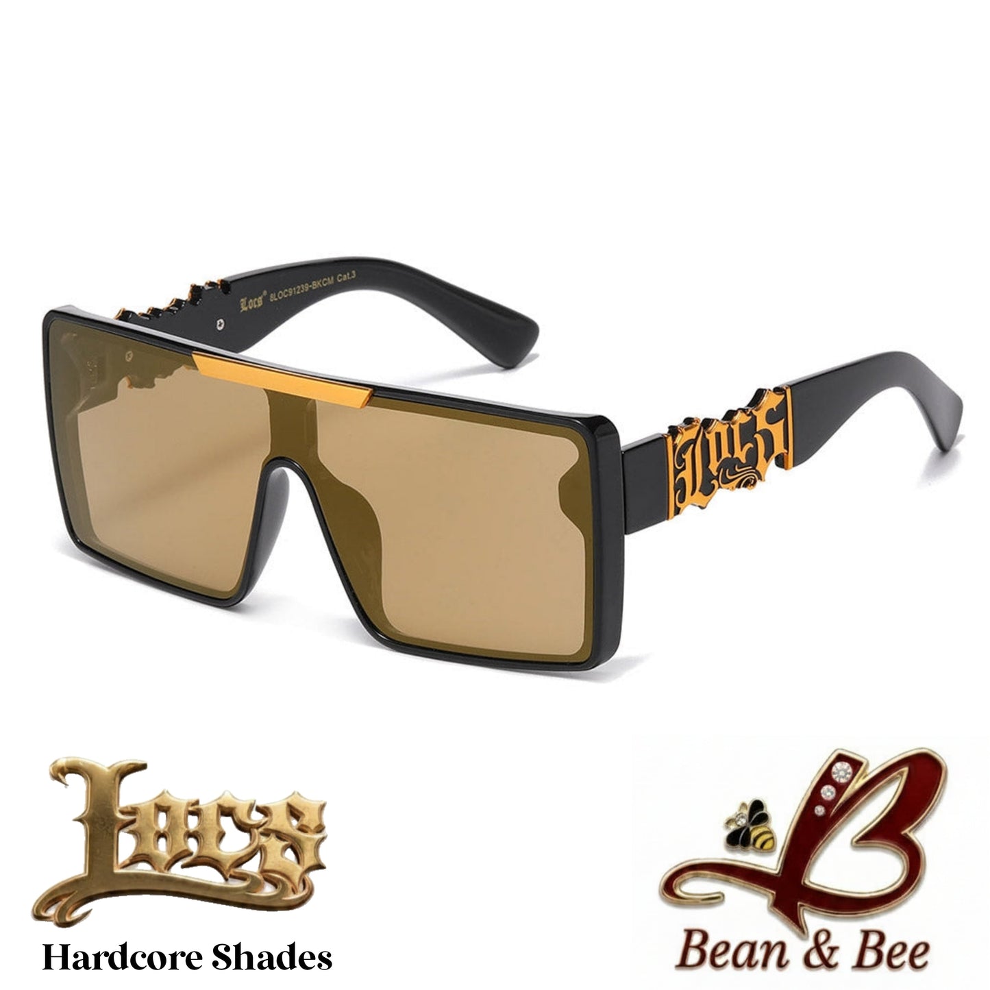 LOCS Atomic Bulldogg Hardcore Shades  Heavy-Duty Shield Sunglasses | Polished Glossy Black Flat-Top Frame w/ Metallic Script Emblem & UV400 Mirror Lenses