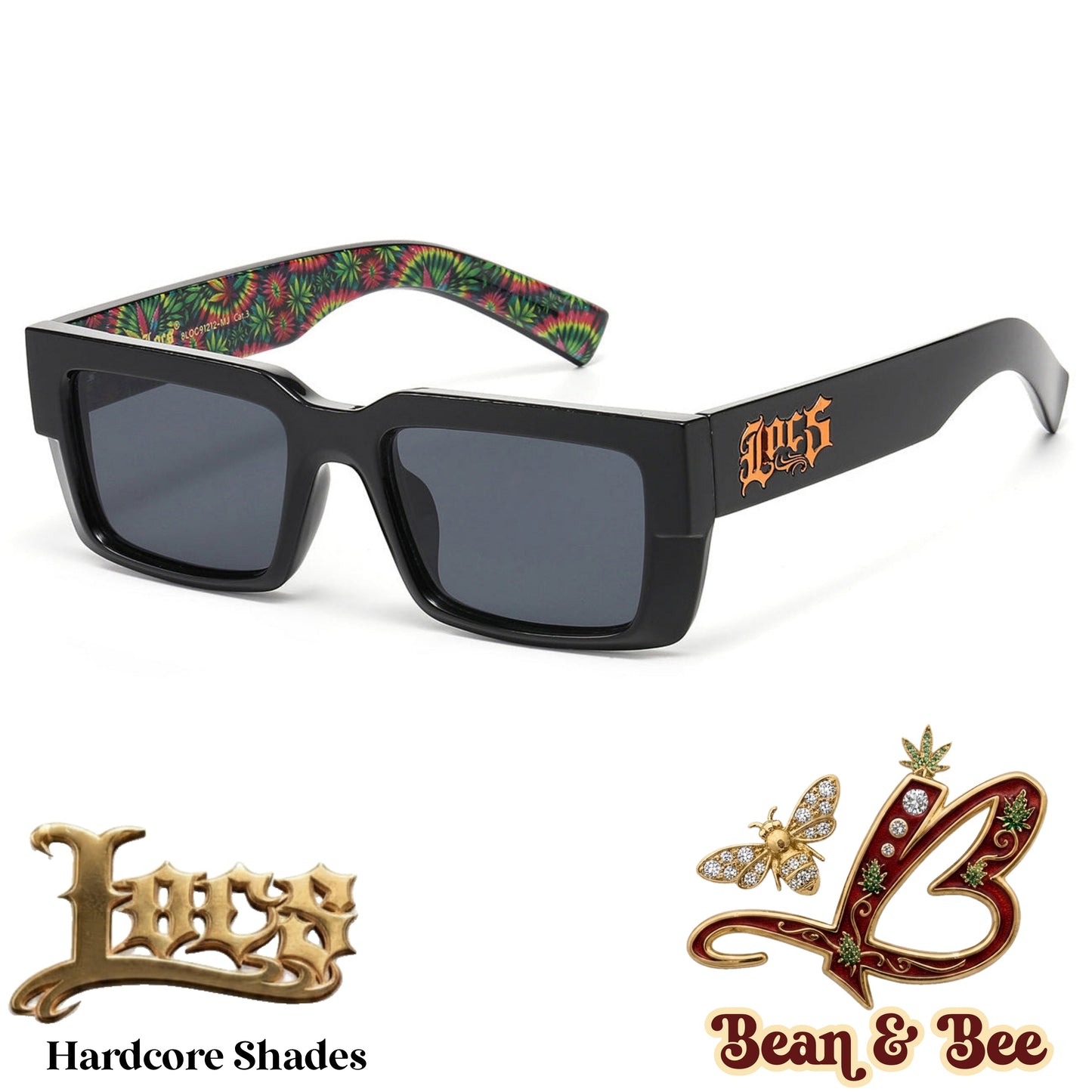 LOCS Midnight Toker Hardcore Shades – Thick Glossy Black Rectangle Sunglasses w/ Psychedelic Inner Temple Leaf Graphic & Gothic Logo Outer Temple OG Gangsta Cholo Biker Street OG Gangsta Modern Classic Style | Genuine Authentic Locs