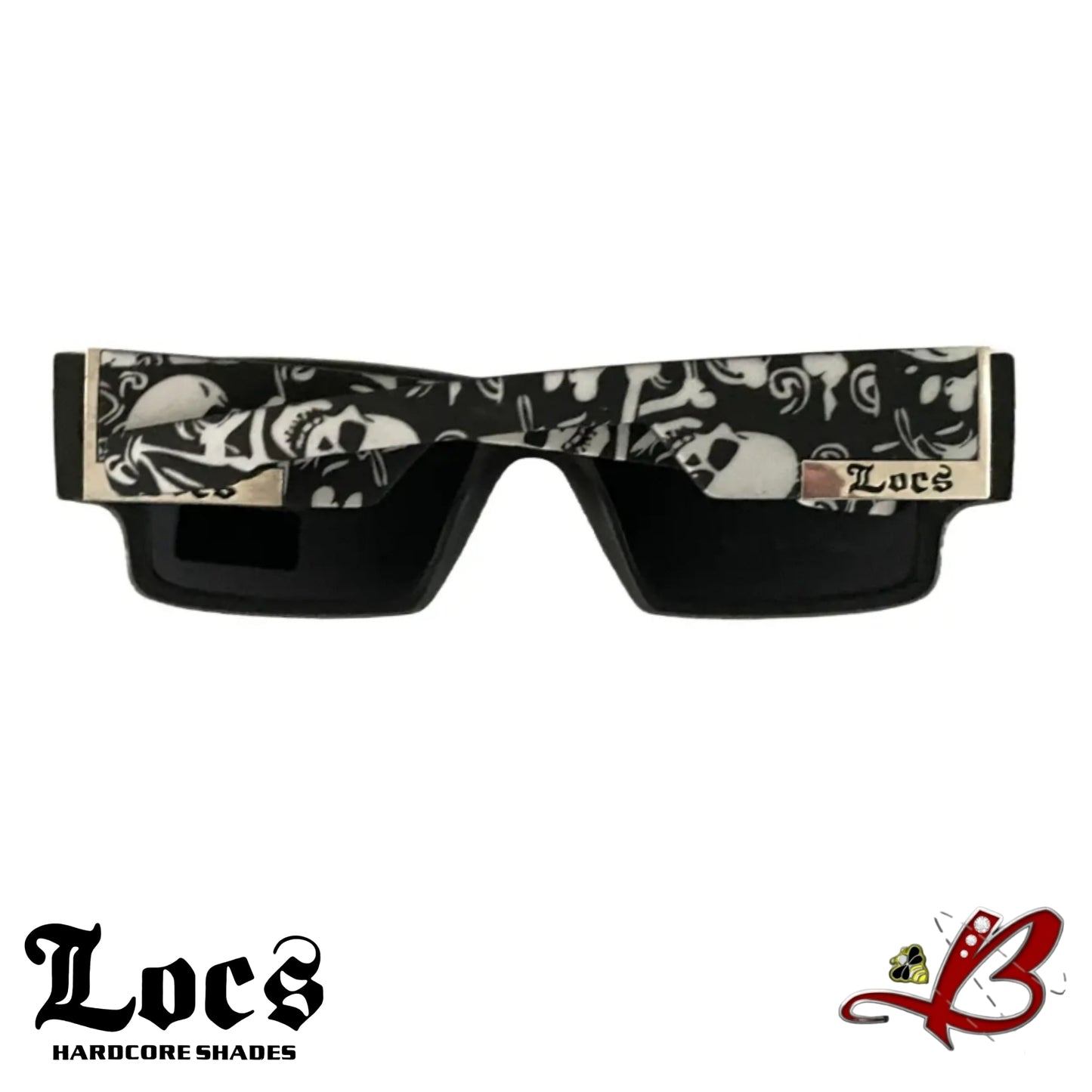 LOCS Mens Phantom Skull Matte Black Hardcore Cholo Shades Silver Accent Biker Full Frame With Skull Print Tough Guy's Sunglasses B&W Square Skull & Bones Temple Wrap Around Mens Womens Calavera y Huesos Lentes Para Hombres Mujeres | Original & Authentic