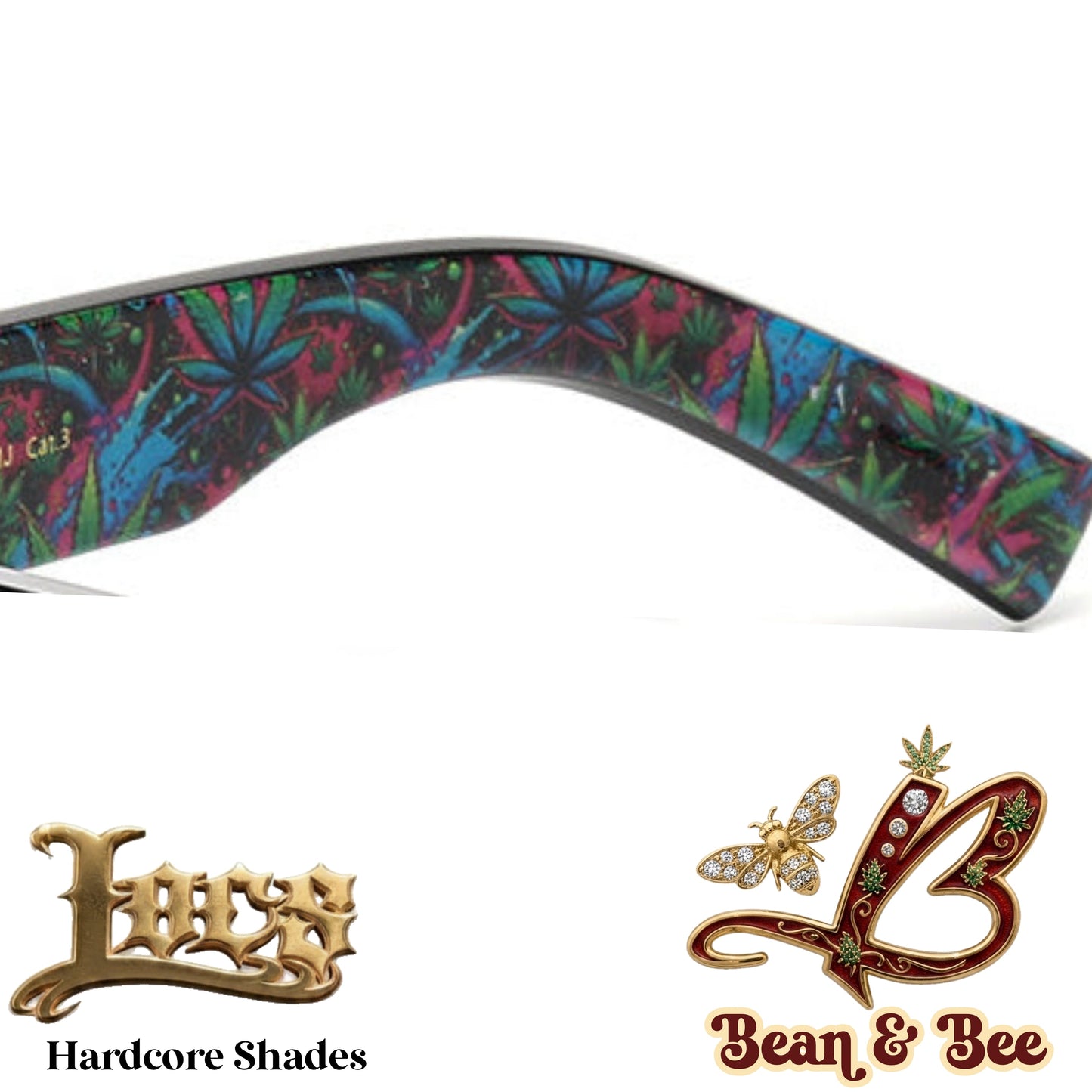 LOCS Midnight Toker Hardcore Shades – Thick Glossy Black Rectangle Sunglasses w/ Psychedelic Inner Temple Leaf Graphic & Gothic Logo Outer Temple OG Gangsta Cholo Biker Street OG Gangsta Modern Classic Style | Genuine Authentic Locs