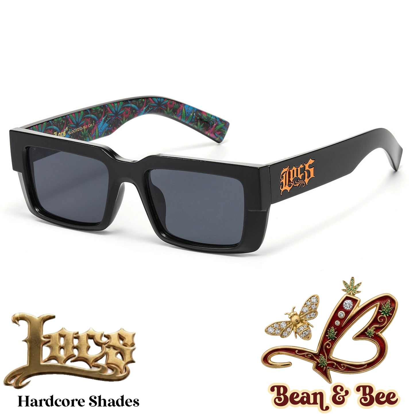 LOCS Midnight Toker Hardcore Shades – Thick Glossy Black Rectangle Sunglasses w/ Psychedelic Inner Temple Leaf Graphic & Gothic Logo Outer Temple OG Gangsta Cholo Biker Street OG Gangsta Modern Classic Style | Genuine Authentic Locs