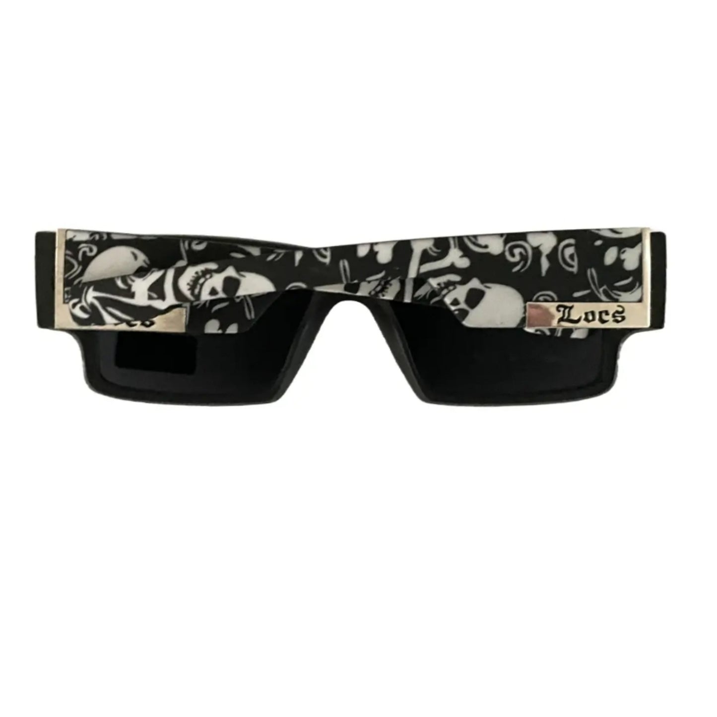 LOCS Mens Phantom Skull Matte Black Hardcore Cholo Shades Silver Accent Biker Full Frame With Skull Print Tough Guy's Sunglasses B&W Square Skull & Bones Temple Wrap Around Mens Womens Calavera y Huesos Lentes Para Hombres Mujeres | Original & Authentic