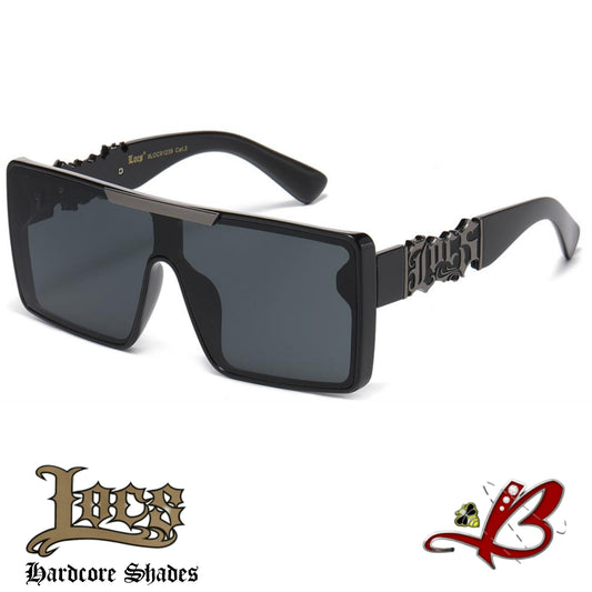 LOCS Armored Bulldog Hardcore Sunglasses - Big Logo Oversized Flat Top Shield Shades - Heavy Duty Metal Hardware - 100% UV400 Protection - Black & Gold / All Black Tactical Hip Hop Eyewear