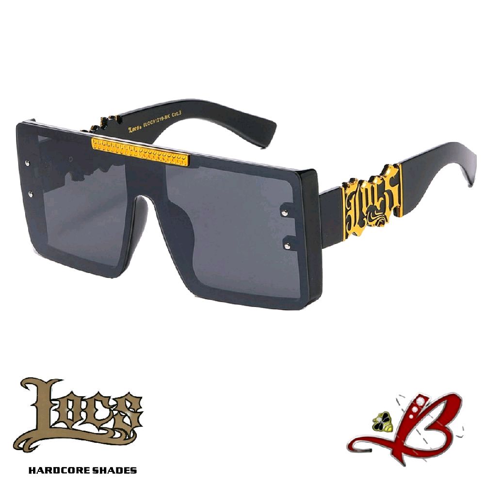 Locs BullDozer Large Oversized Flat-Top Shield Style Big Cutout Logo Chrome Black or Gold Accent Black Glossy Hardcore Shades Hip Hop Rapper Sunglasses OG Gangsta Look | Authentic Original Genuine Locs