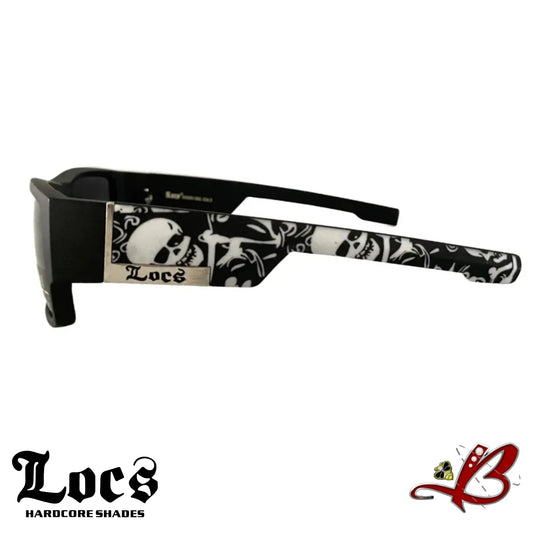 LOCS Mens Phantom Skull Matte Black Hardcore Cholo Shades Silver Accent Biker Full Frame With Skull Print Tough Guy's Sunglasses B&W Square Skull & Bones Temple Wrap Around Mens Womens Calavera y Huesos Lentes Para Hombres Mujeres | Original & Authentic