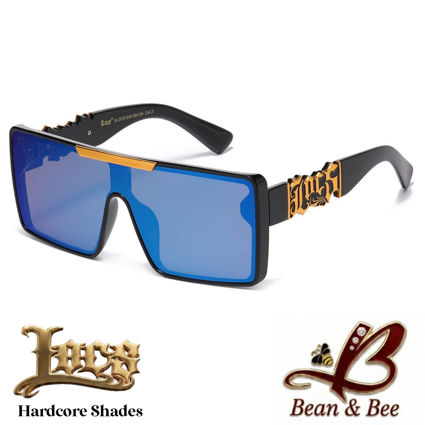 LOCS Atomic Bulldogg Hardcore Shades  Heavy-Duty Shield Sunglasses | Polished Glossy Black Flat-Top Frame w/ Metallic Script Emblem & UV400 Mirror Lenses