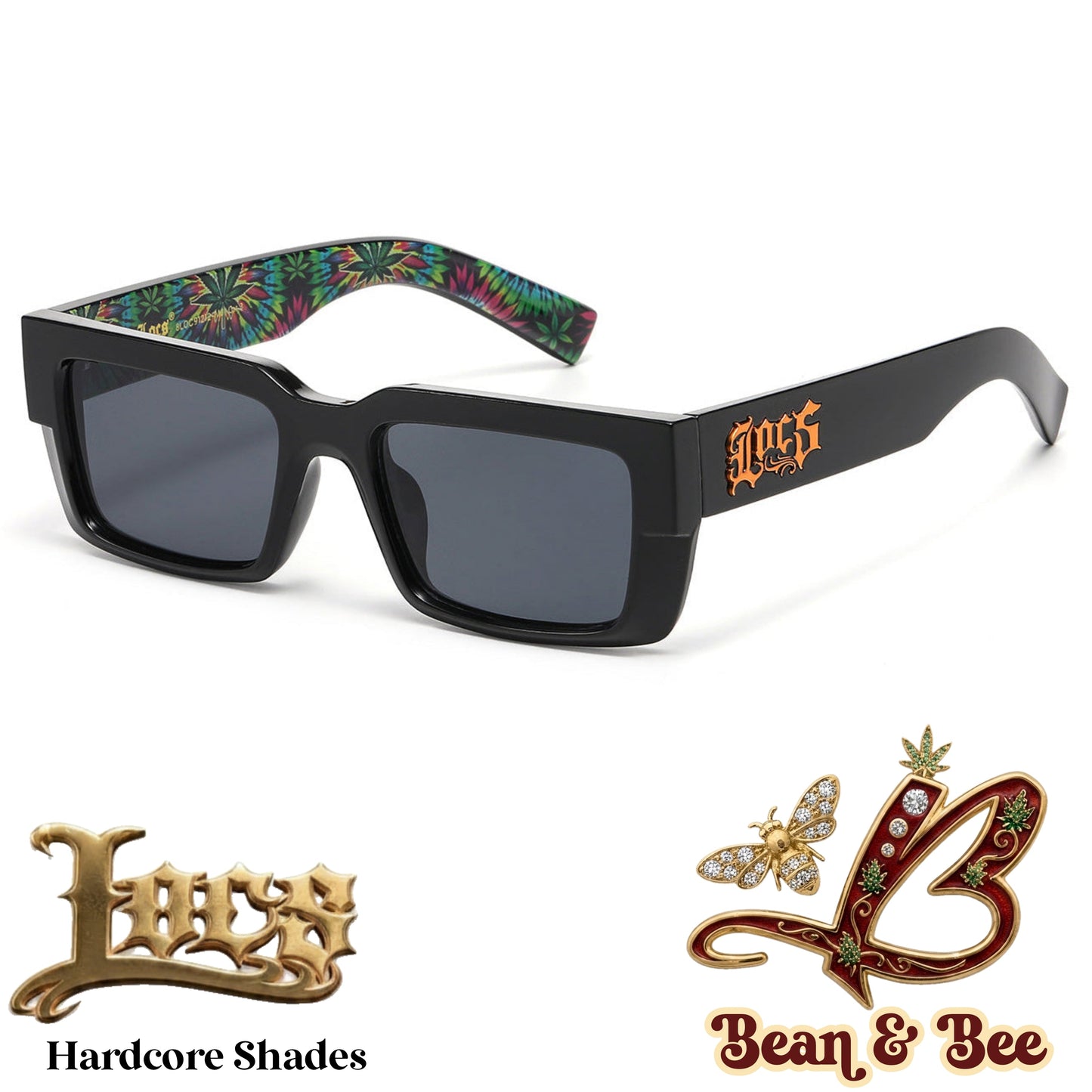 LOCS Midnight Toker Hardcore Shades – Thick Glossy Black Rectangle Sunglasses w/ Psychedelic Inner Temple Leaf Graphic & Gothic Logo Outer Temple OG Gangsta Cholo Biker Street OG Gangsta Modern Classic Style | Genuine Authentic Locs