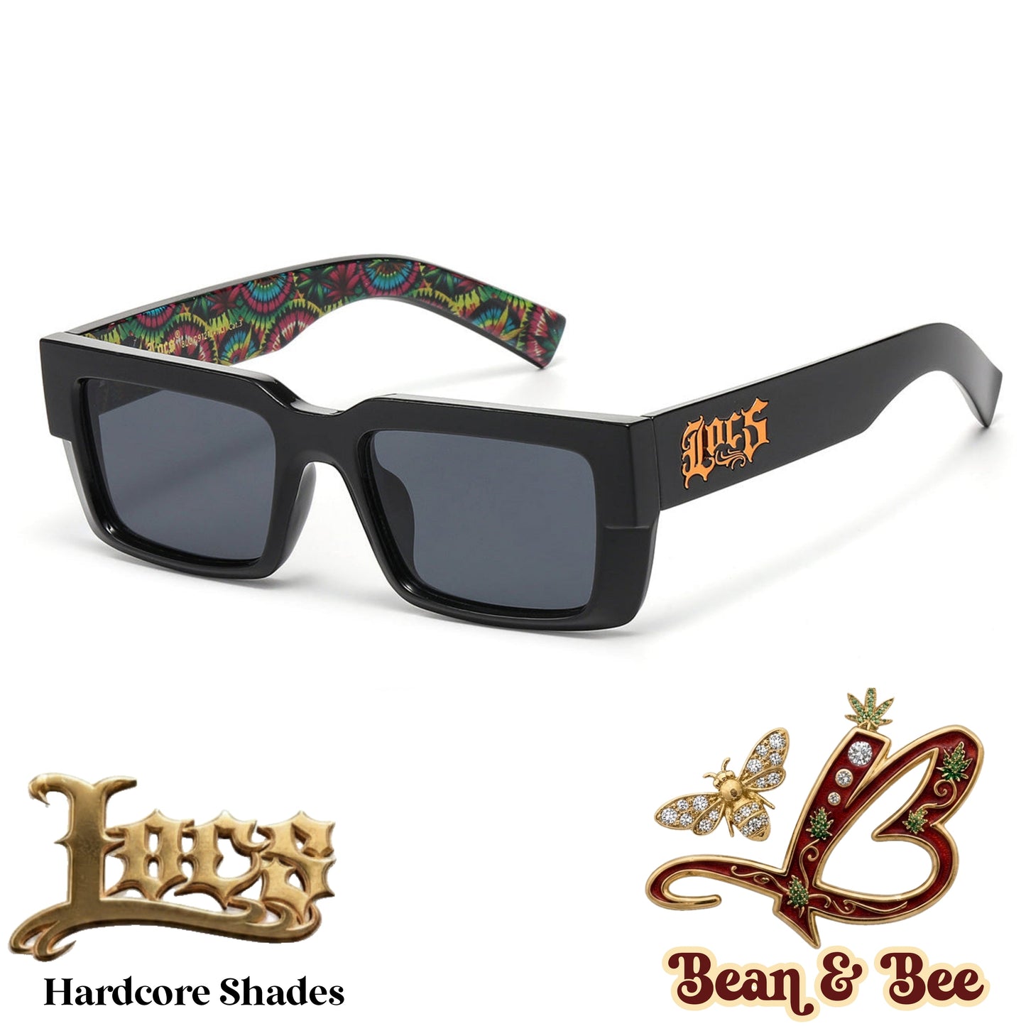 LOCS Midnight Toker Hardcore Shades – Thick Glossy Black Rectangle Sunglasses w/ Psychedelic Inner Temple Leaf Graphic & Gothic Logo Outer Temple OG Gangsta Cholo Biker Street OG Gangsta Modern Classic Style | Genuine Authentic Locs