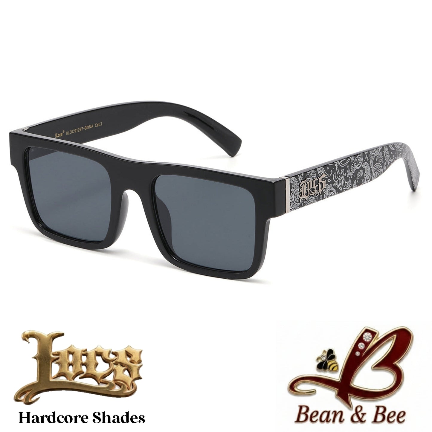 LOCS Bandana Block Hardcore Shades – Unisex Flat-Top Paisley Bandana Print Square Sunglasses Flat Top Streetwear Fashion Glasses