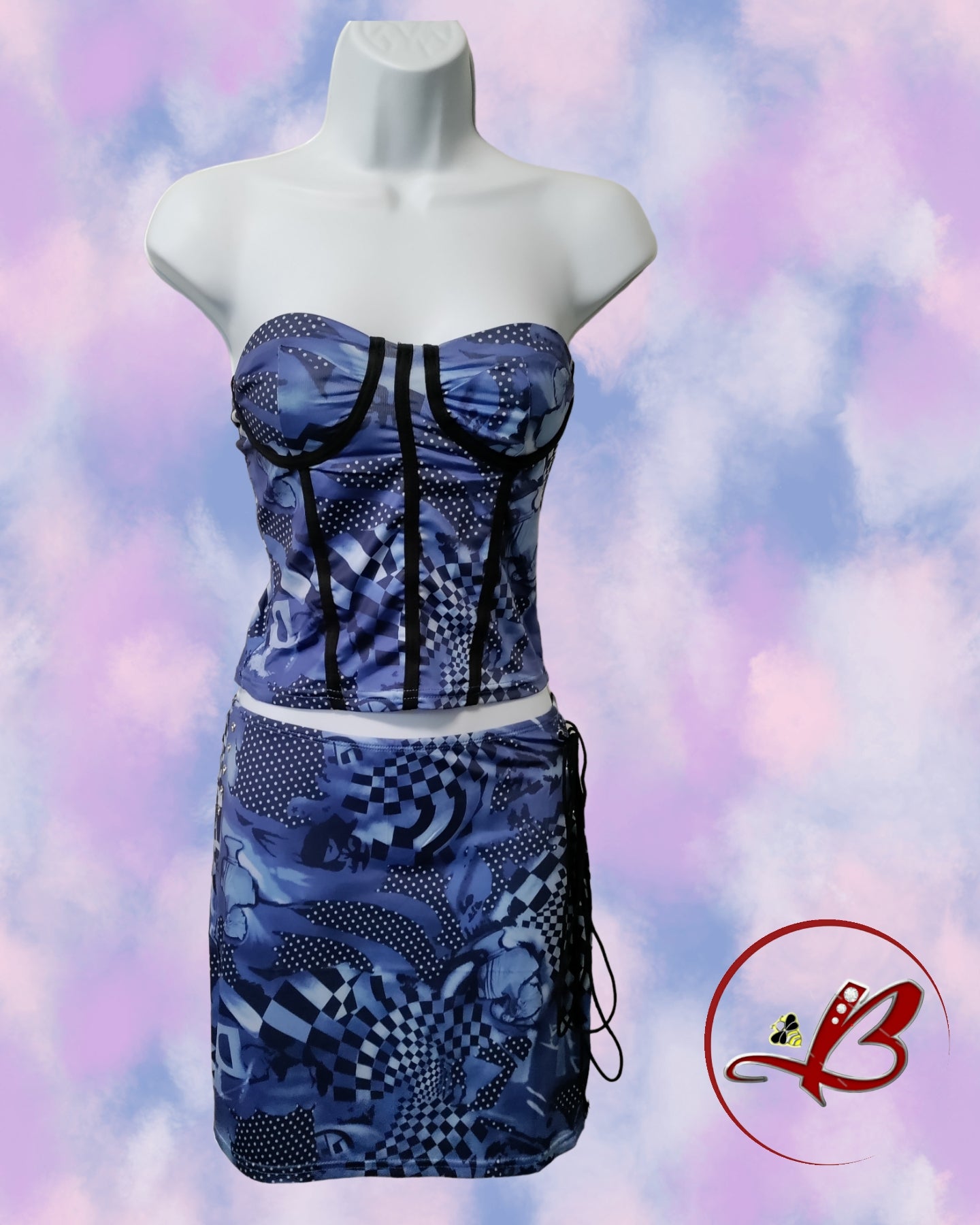 Classical Geometric Print Top and Skirt set