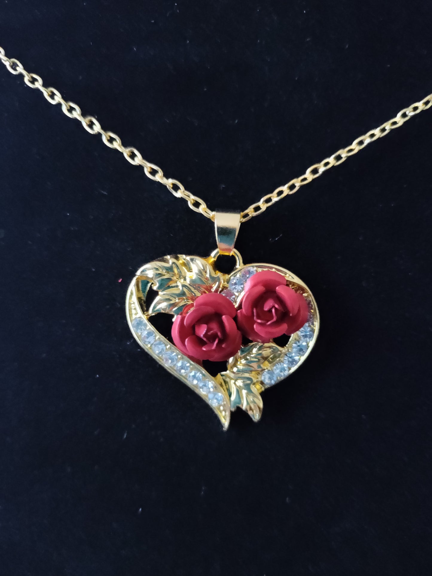 Red Roses and Diamonds Heart Shaped Pendant and Earrings